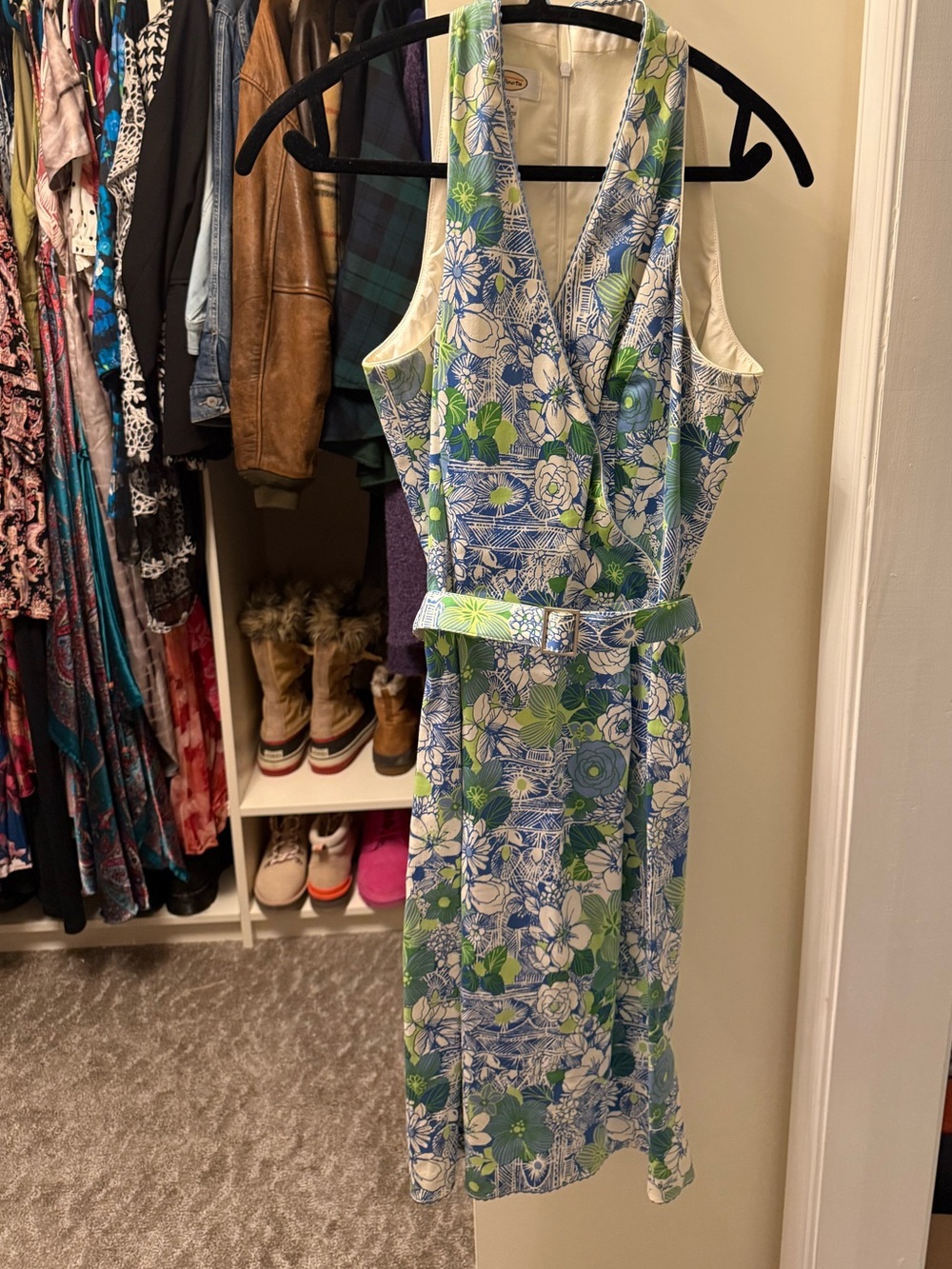 Talbots Blue, Green & White Floral Wrap Dress with Belted Waist